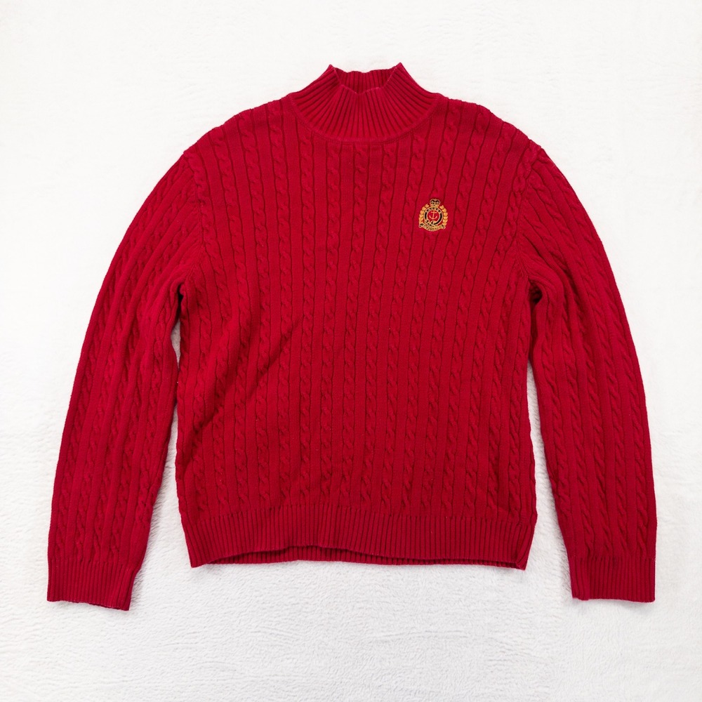 Lauren Ralph Lauren Womens Sweater XL Red Cable Knit Mock Neck Crest Old Money